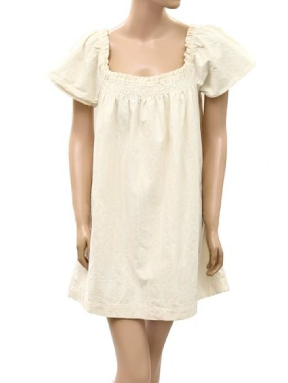 Free People Striped Printed Mini Dress Smocked Short Sleeves Cream XS 290386